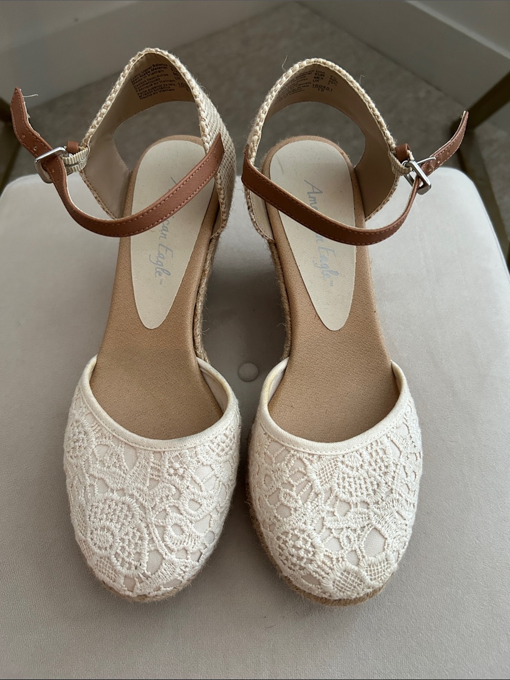 Cream Lace Espadrille Wedges with Brown Ankle Straps